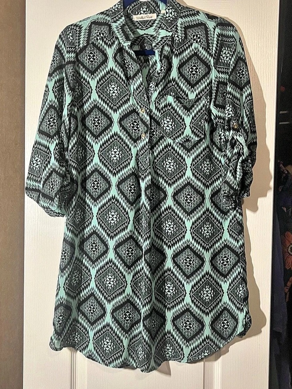 Wild Fable Women's Geometric Button Down Green & Black